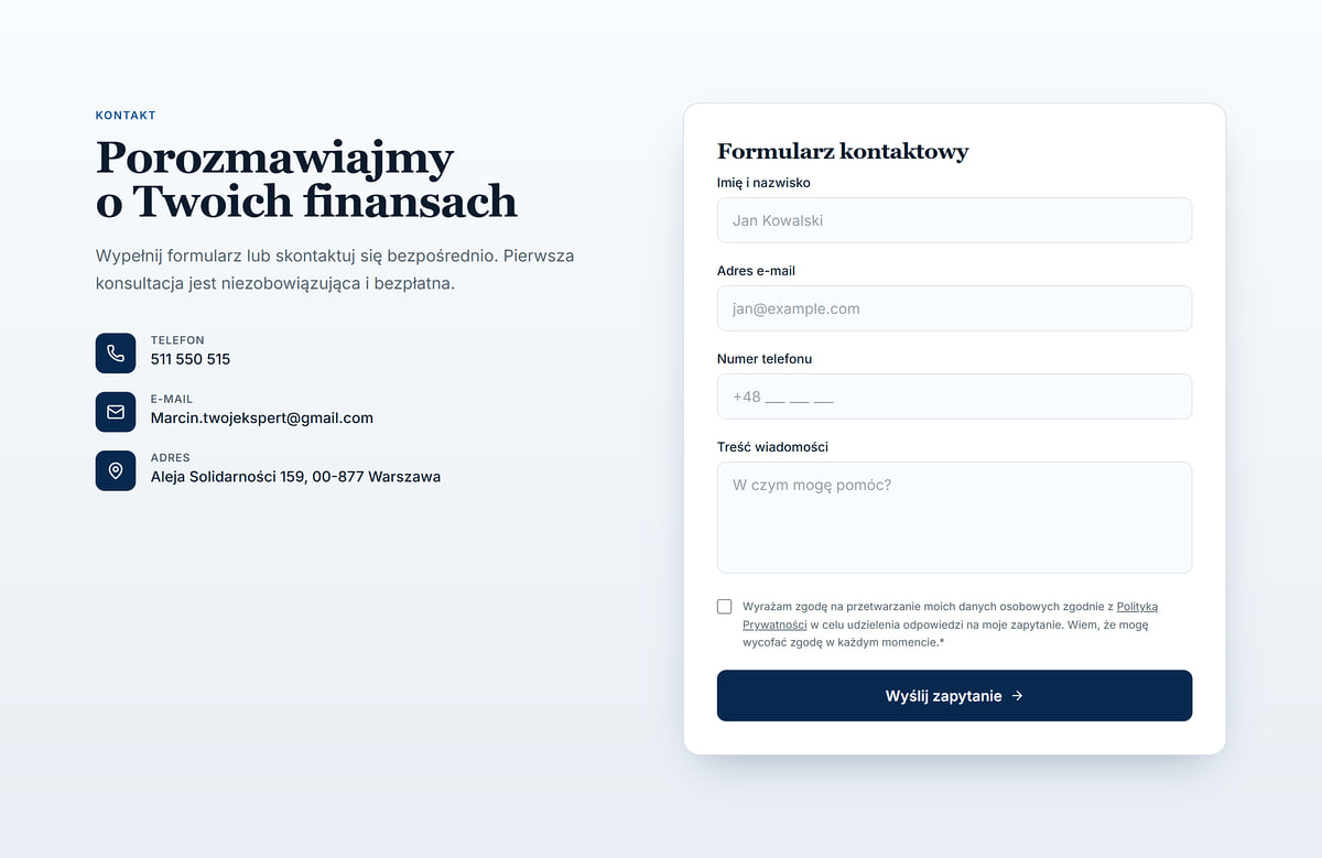 Contact section on a credit advisor website with contact details and an enquiry form