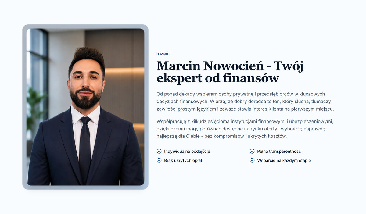 About me section of a credit expert with a photo and a list of cooperation values