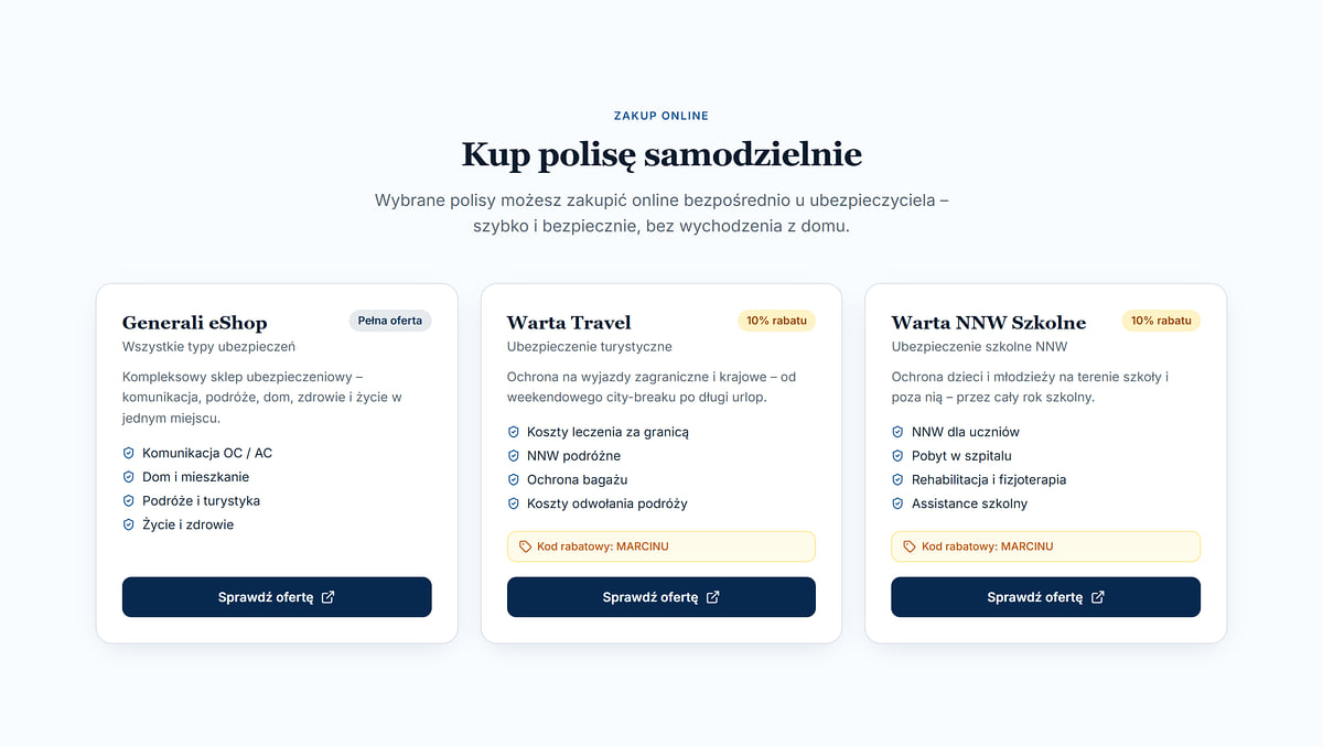 Buy a policy yourself section with referral links: Generali eShop, Warta Travel and Warta School Accident Insurance with the MARCINU discount code