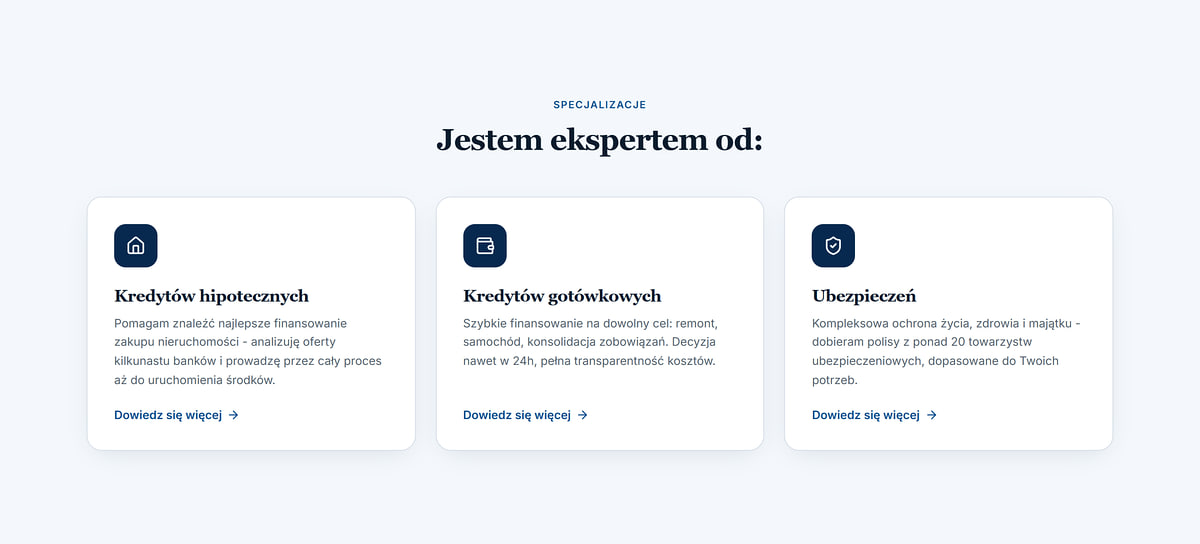 Specialisations section on a credit advisor website: mortgages, cash loans, insurance
