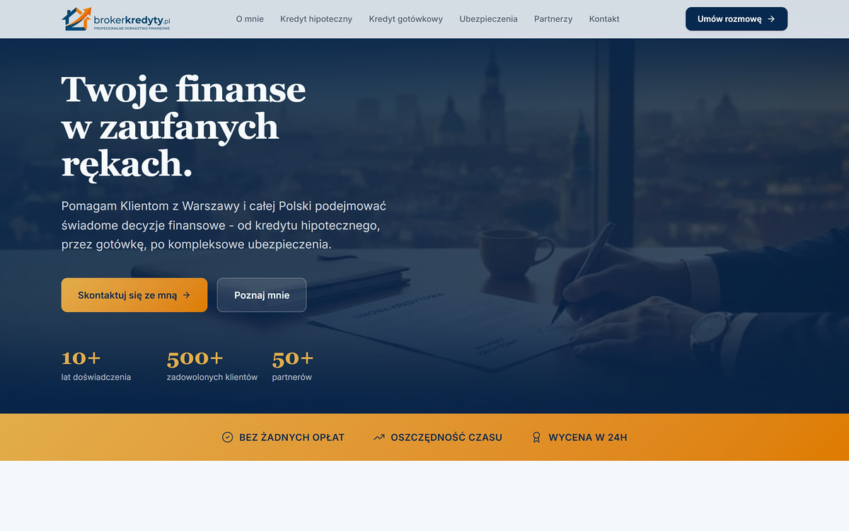 Website for a mortgage broker brokerkredyty.pl – first screen with experience counters and a contact button
