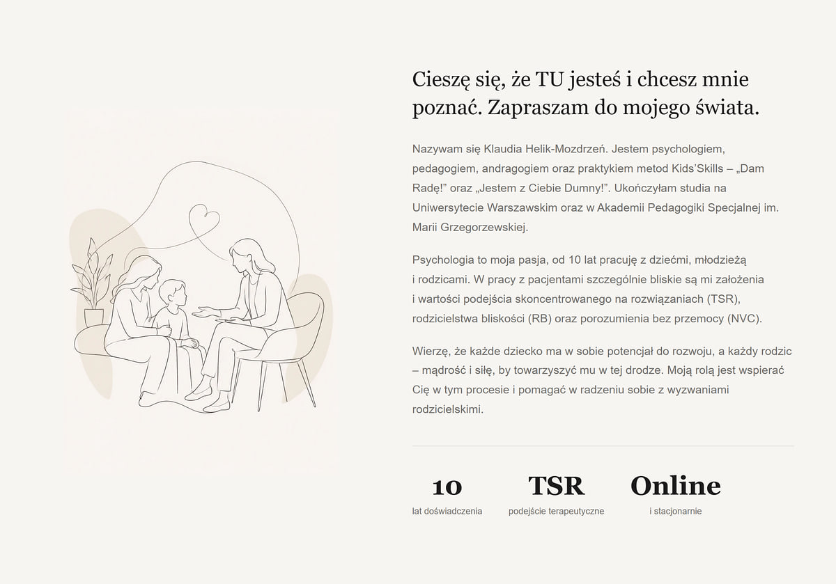 About me section on a psychologist website with an illustration and figures: 10 years of experience, SFBT, online