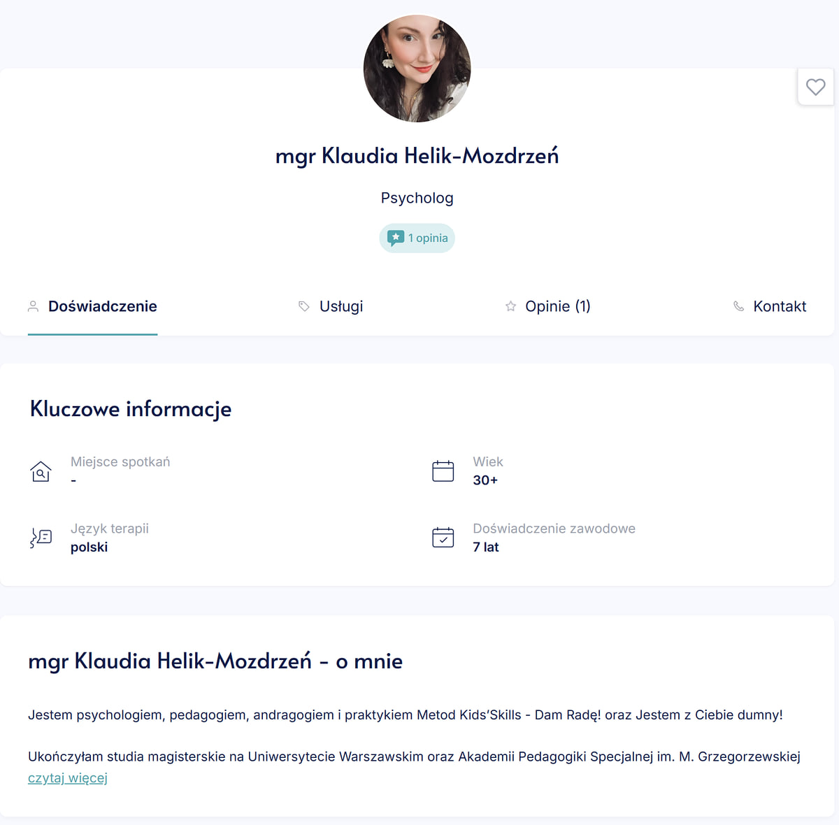 Psychologist Klaudia Helik-Mozdrzeń’s profile on TwojPsycholog.pl with Experience, Services, Reviews and Contact tabs