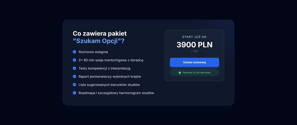 Zawartość pakietu Szukam Opcji z ceną od 3900 PLN i przyciskiem umówienia rozmowy