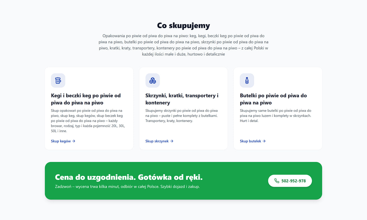 Offer section on a small business website: three service cards and a green bar with a phone number