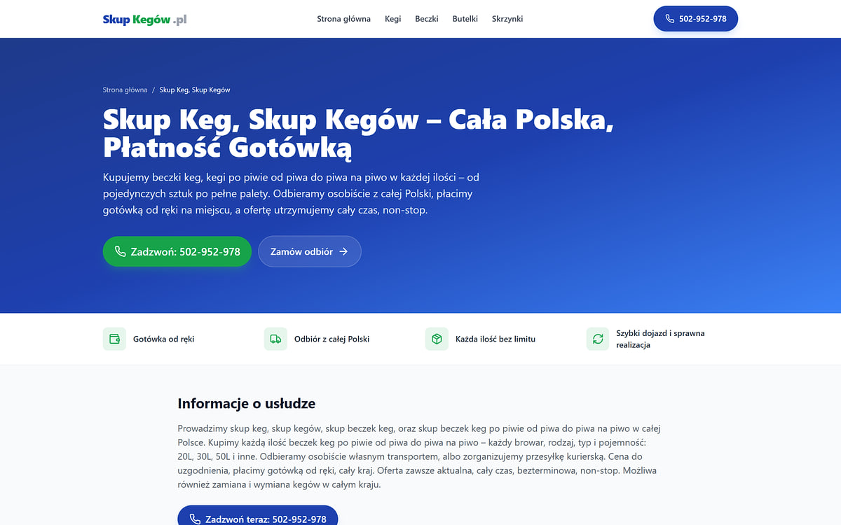 Small business website skupkegow.pl – service subpage with Call and Order pickup buttons