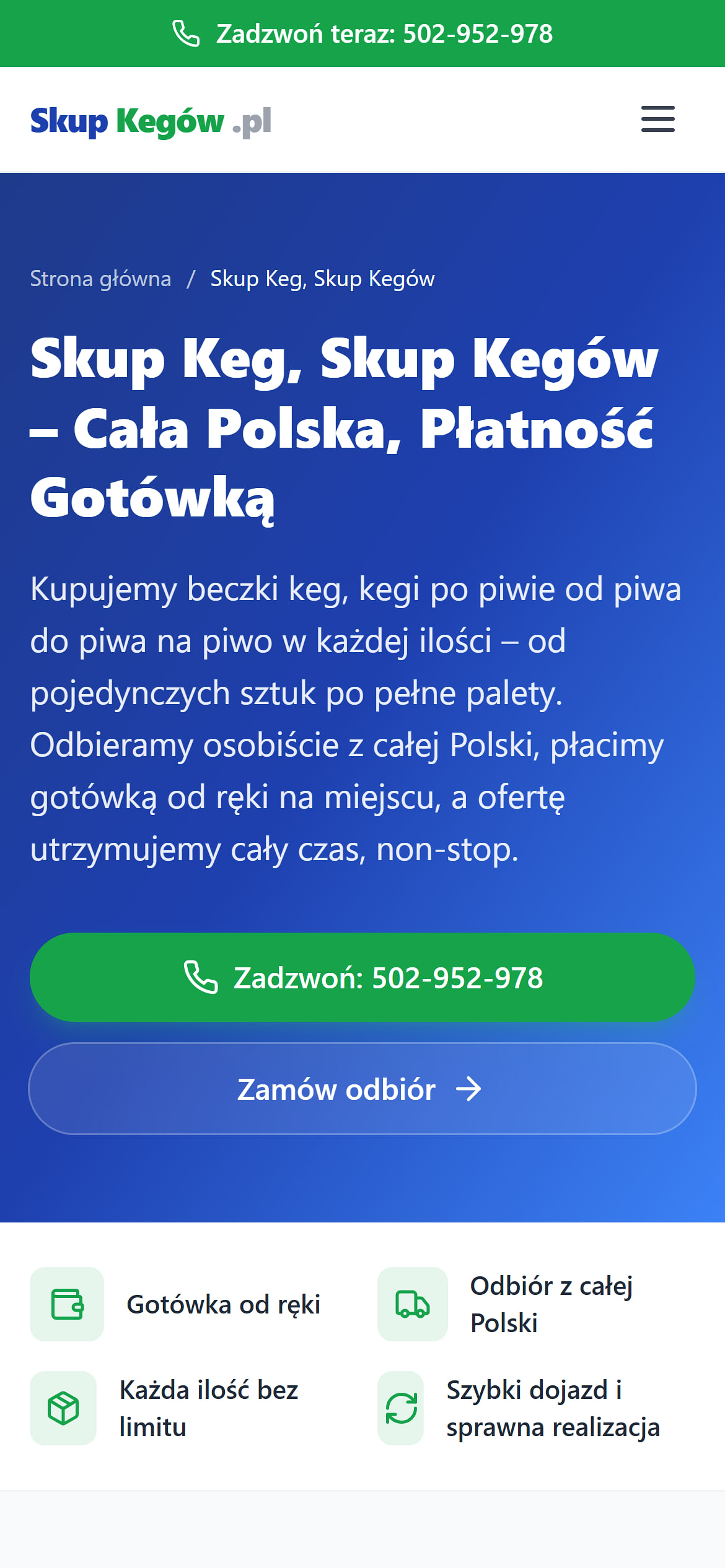 Small business website on a phone – green Call now bar and a call button below the heading