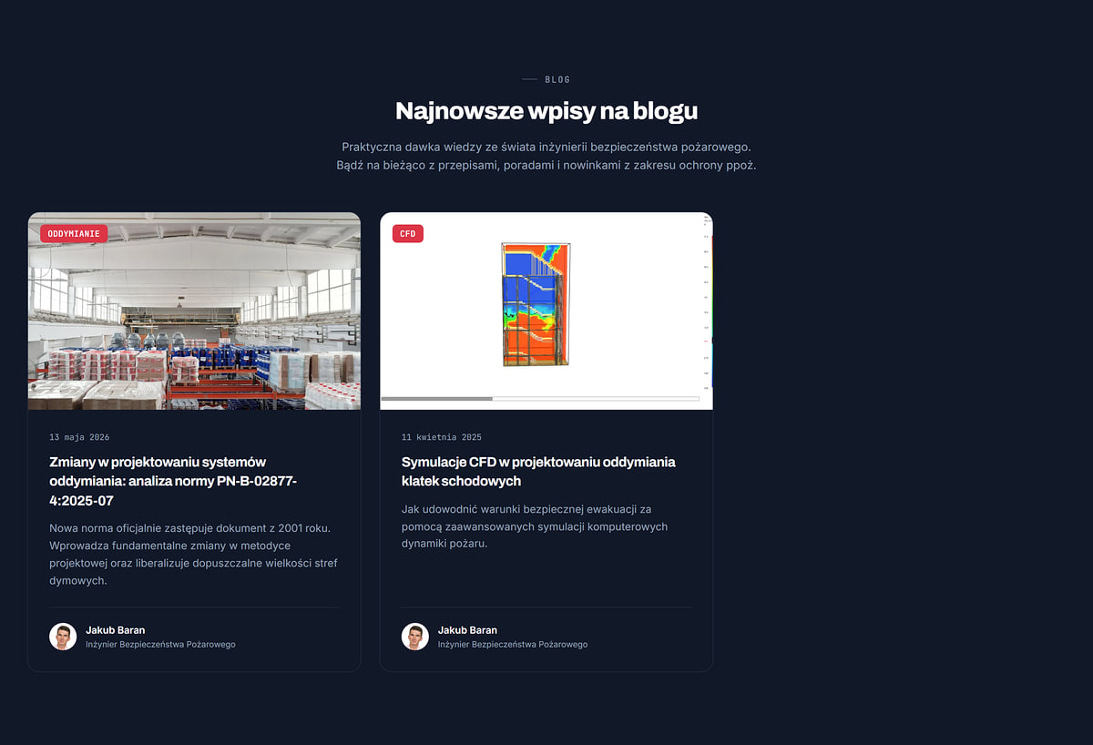 Latest blog posts section on a construction industry website about smoke control standards and CFD simulations