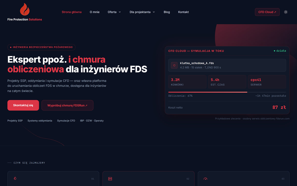FP Solutions home page in dark mode