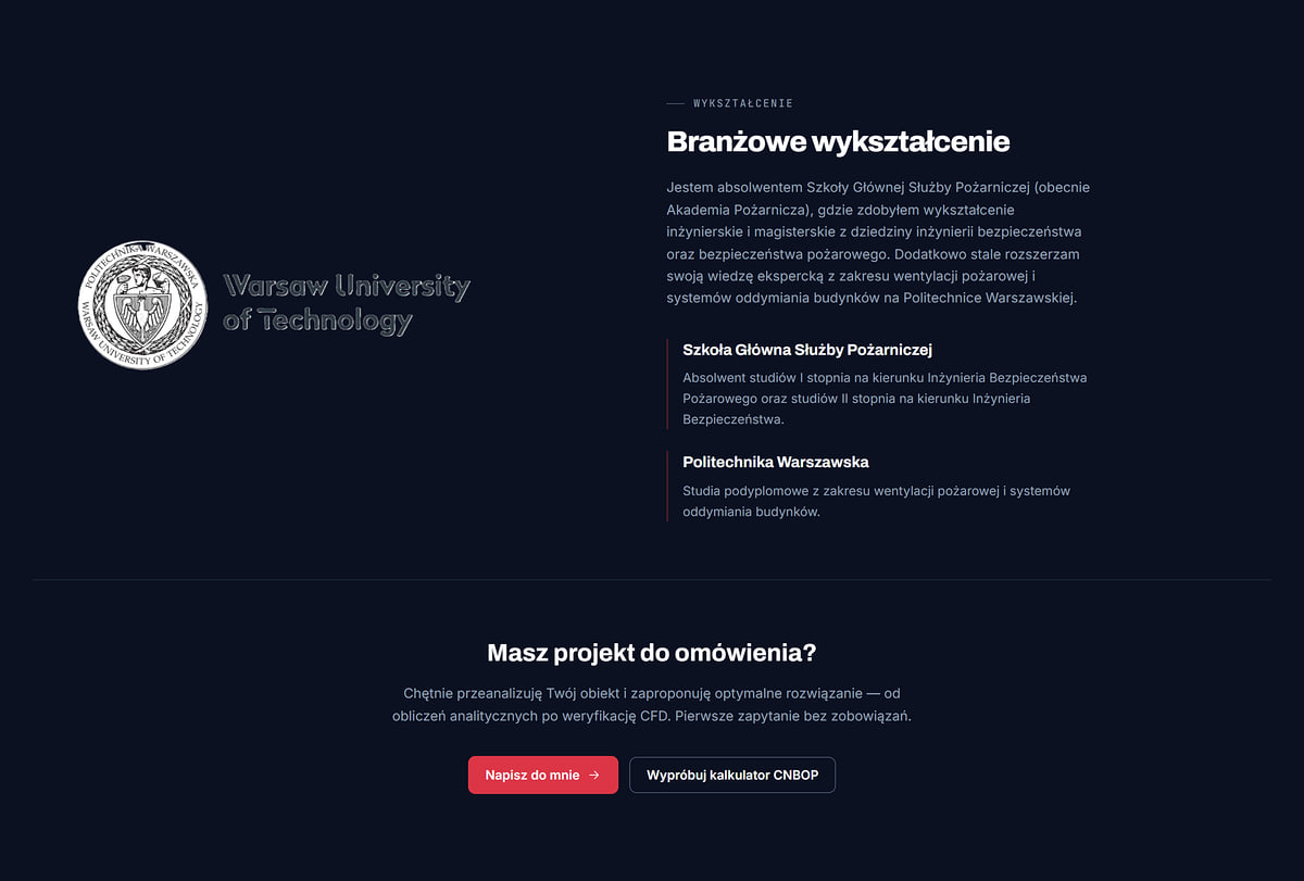 Education section with the Warsaw University of Technology logo and a call to discuss a project