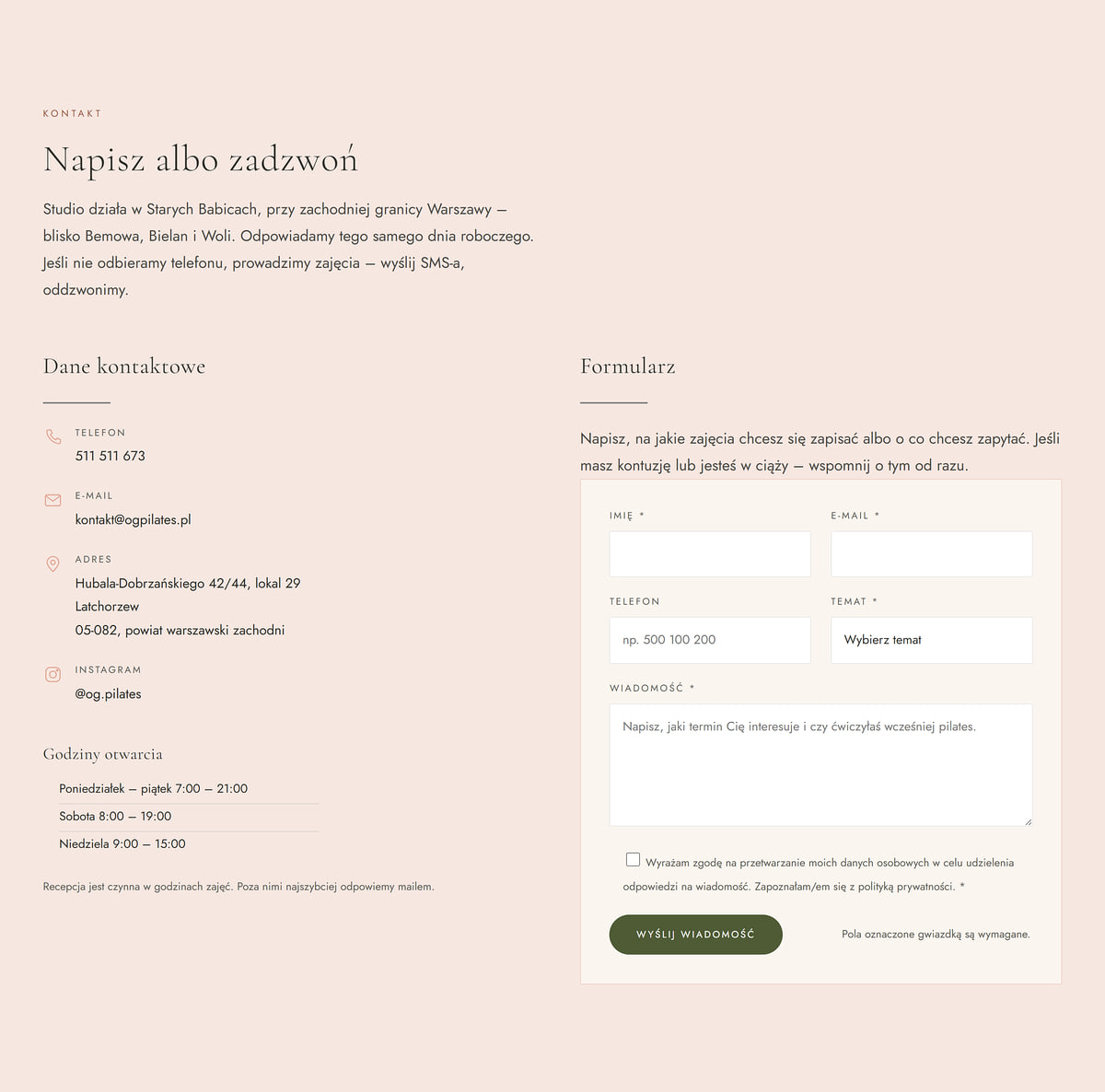 Pilates studio contact section with details, opening hours and a form with a topic selector
