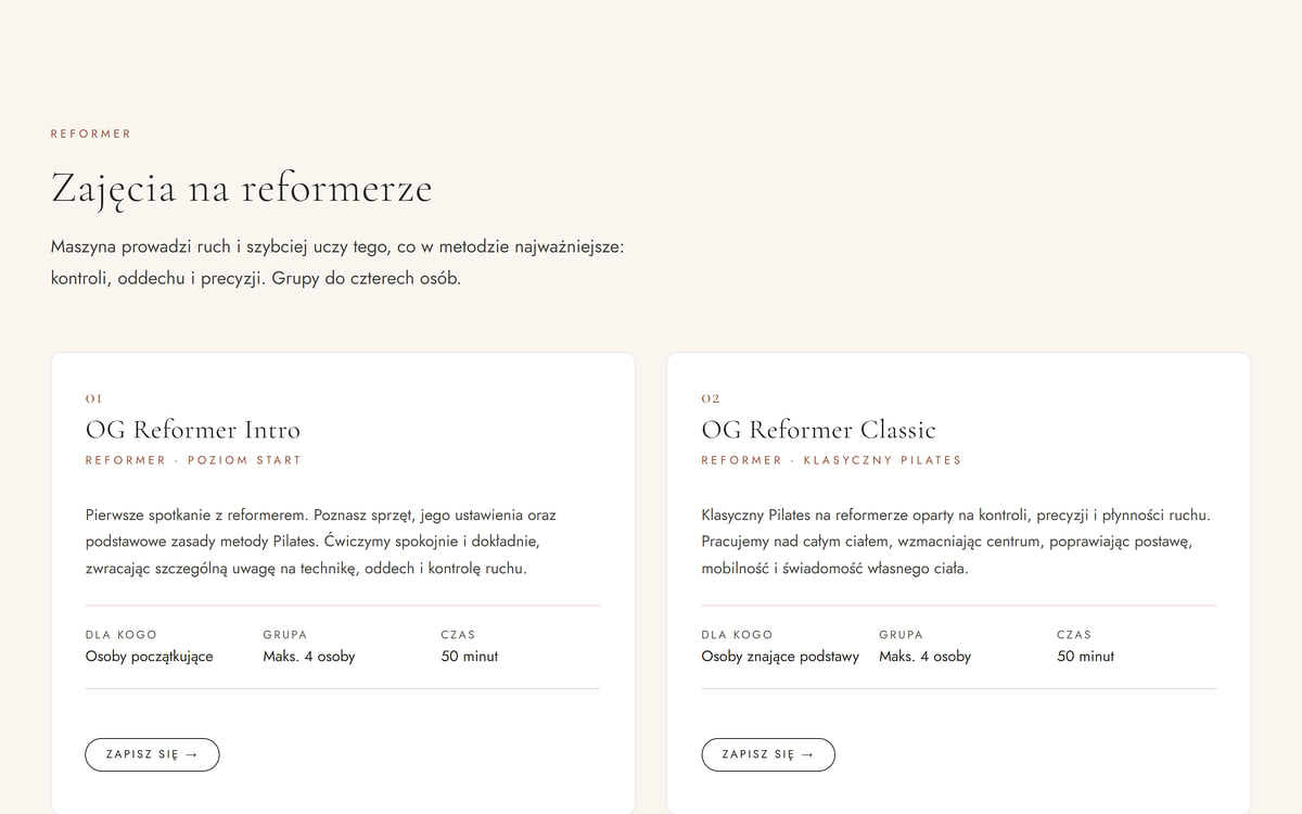 OG Reformer Intro and OG Reformer Classic class cards with level, group, duration and a Sign up button