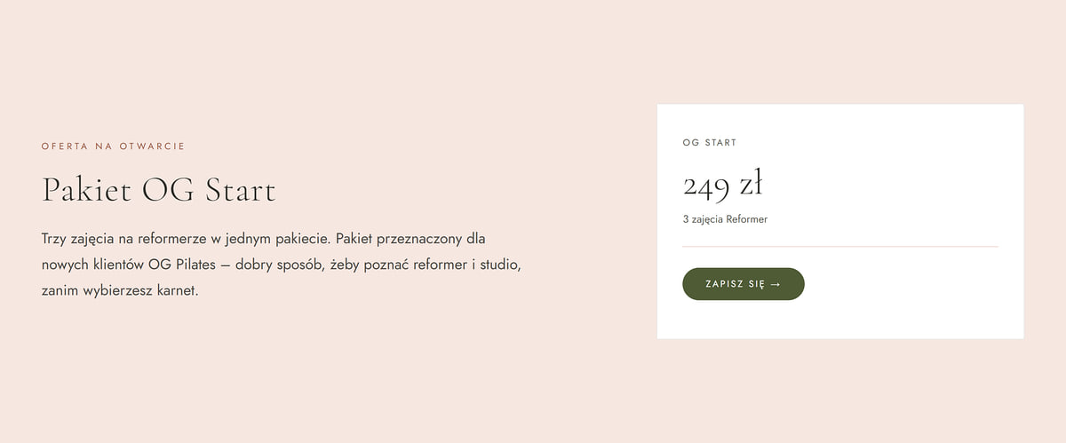 OG Start pack: 3 reformer classes for 249 PLN with a Sign up button