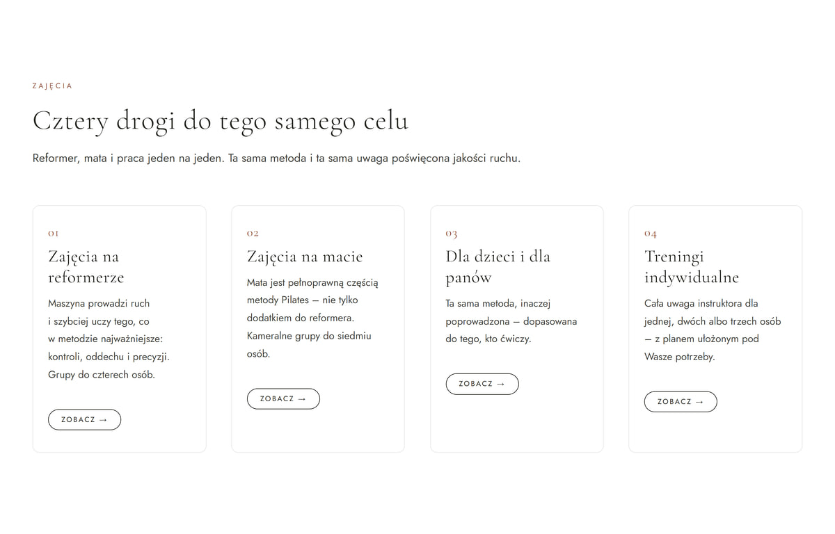 Class types section on a pilates studio website: reformer, mat, kids and men, private training