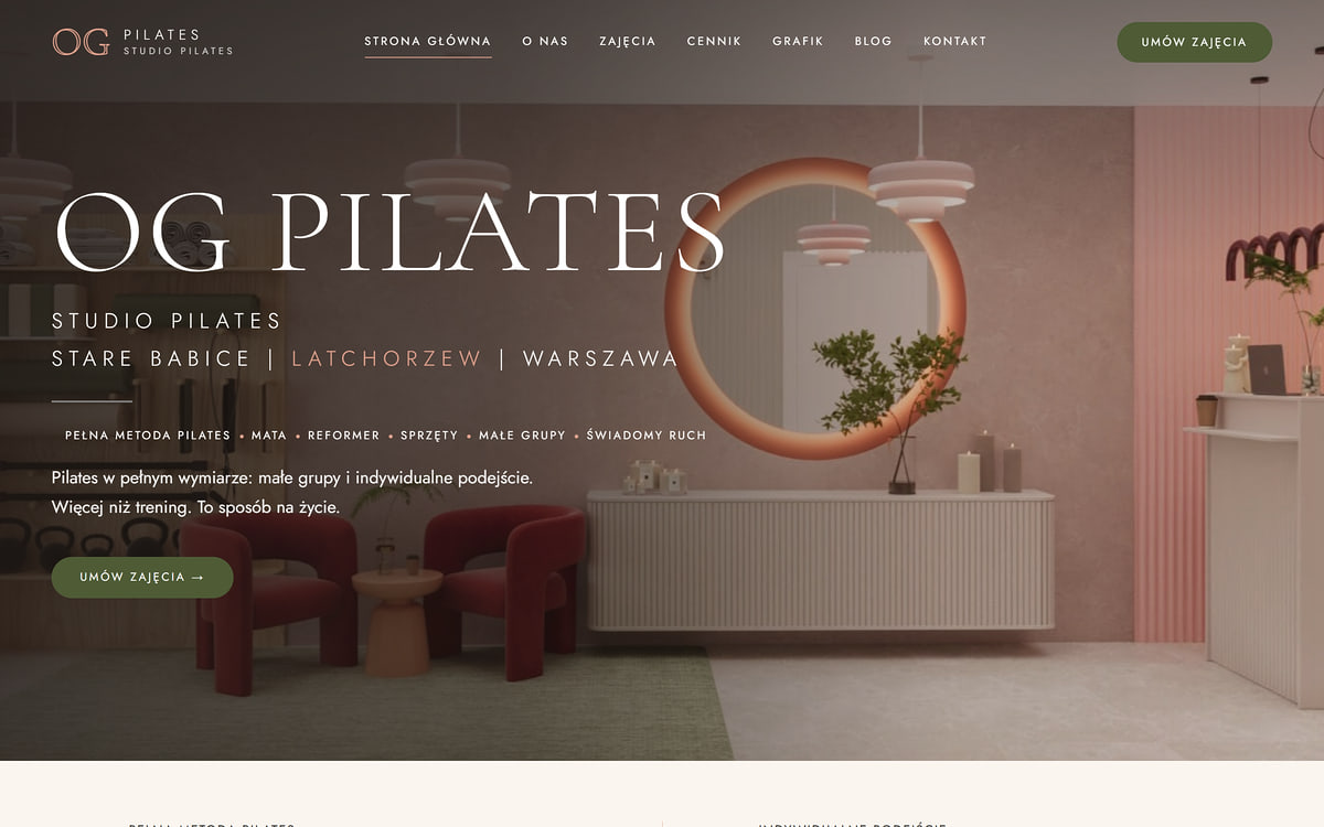 Website with a booking system ogpilates.pl – pilates studio first screen with a Book a class button