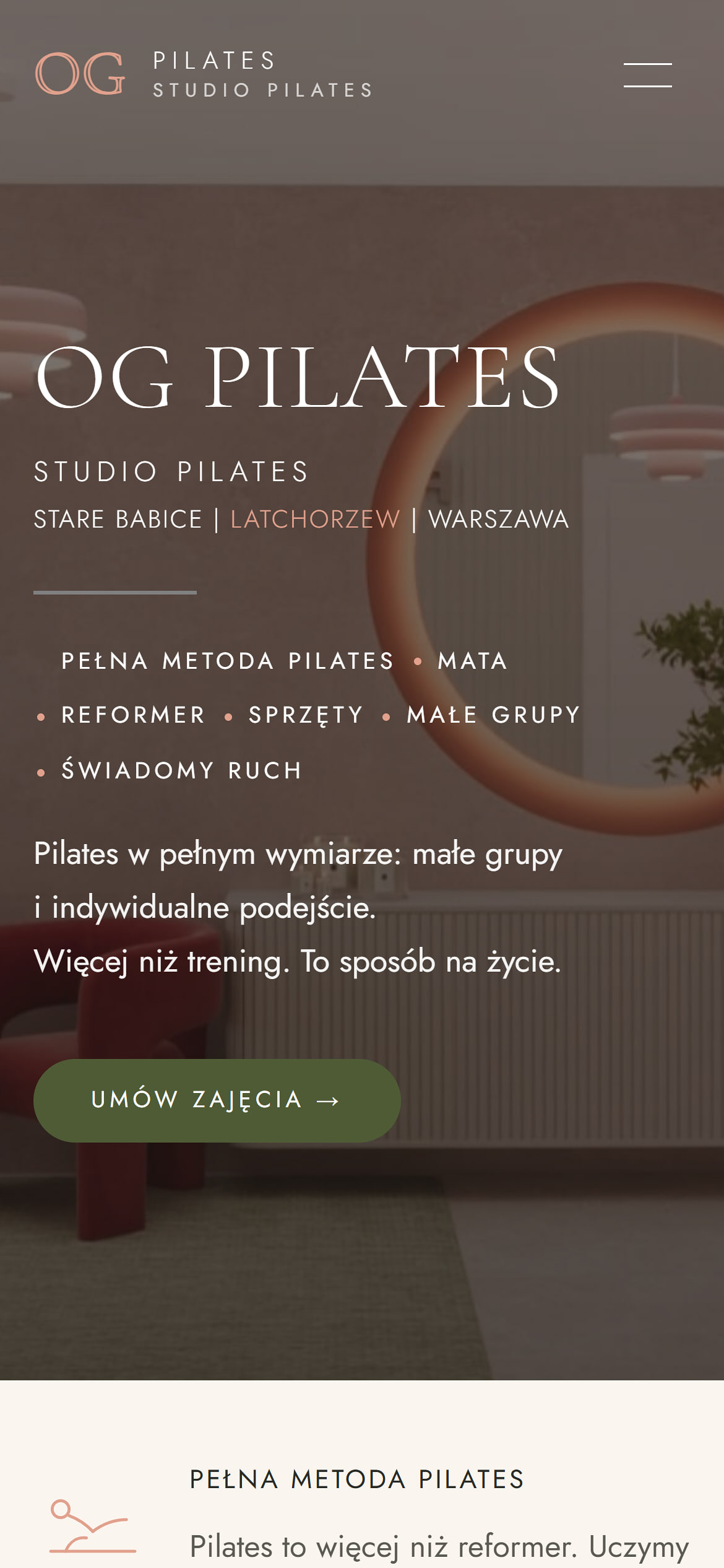 Pilates studio website on a phone – the OG Pilates heading and a Book a class button