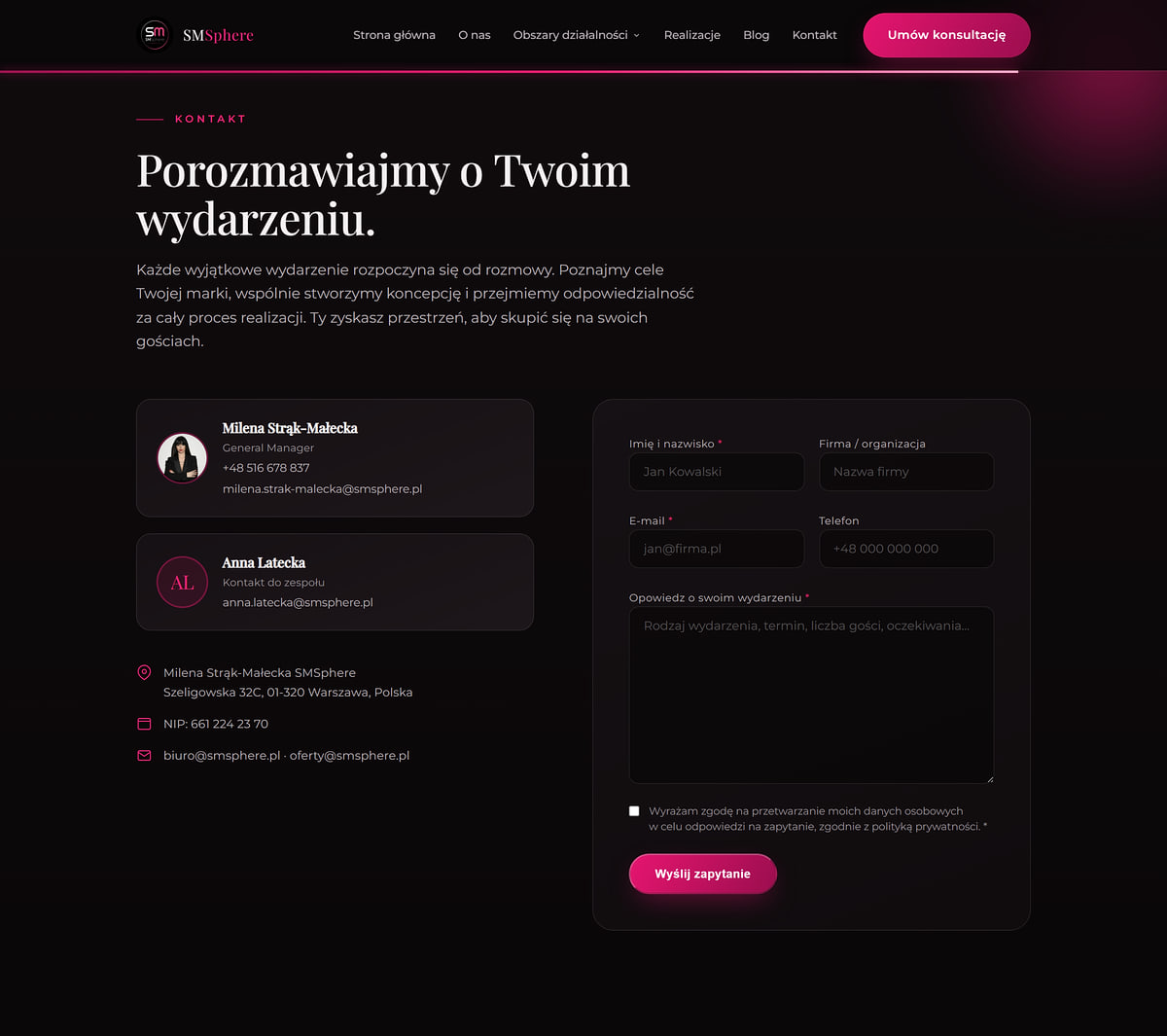 Contact section with an enquiry form and e-mail addresses on the smsphere.pl domain