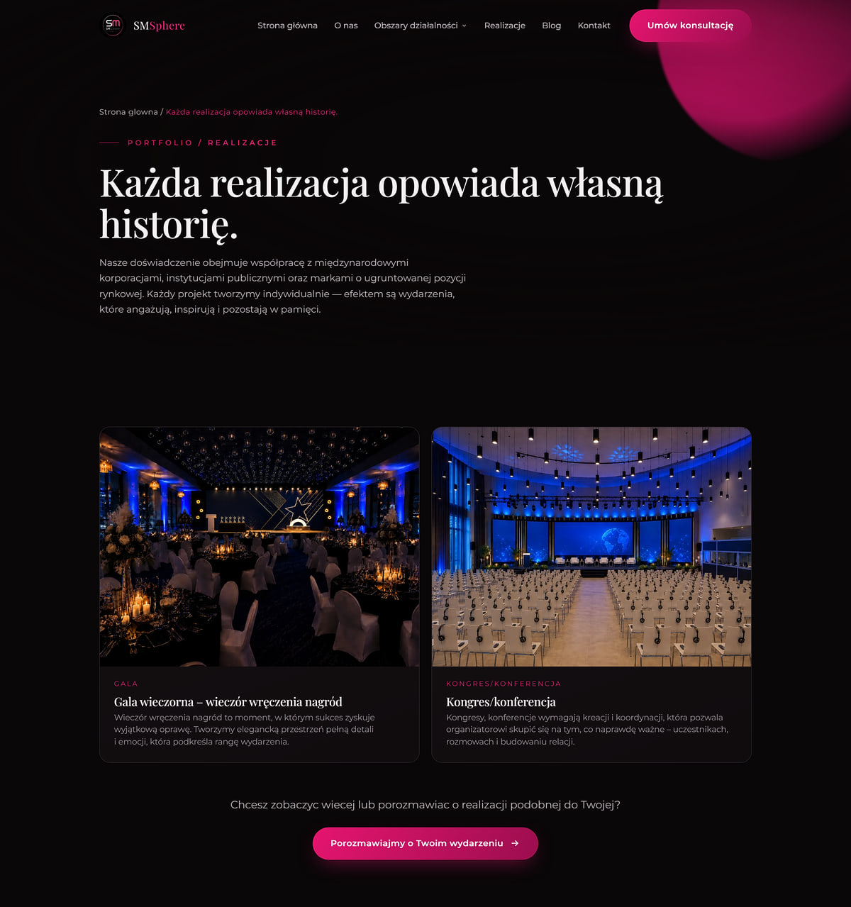 SMSphere portfolio with tiles for an evening gala and a congress